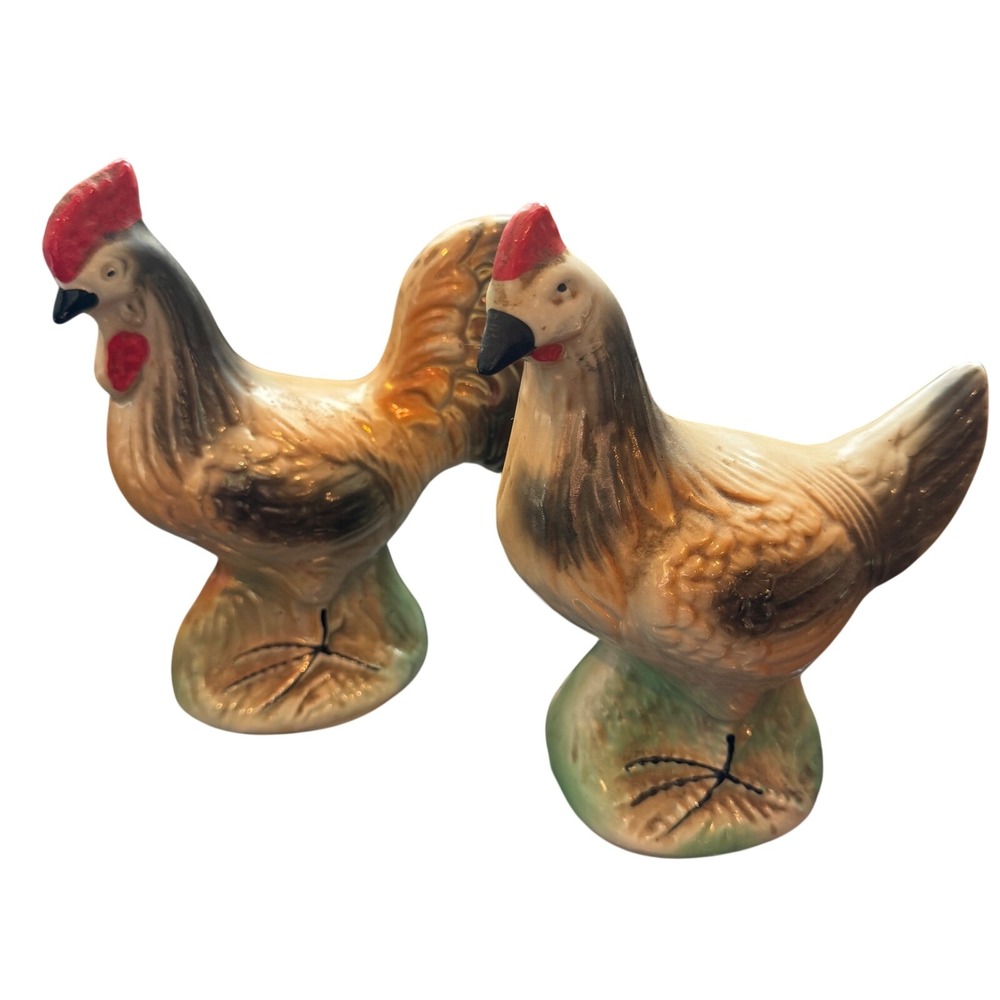 Vintage Lusterware Ceramic Rooster and Hen Figurines Set Made in Brazil
